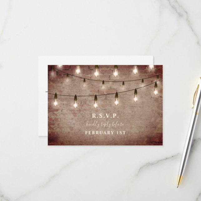 Vintage String Lights Industrial Brick Wedding RSVP Card (Front/Back In Situ)