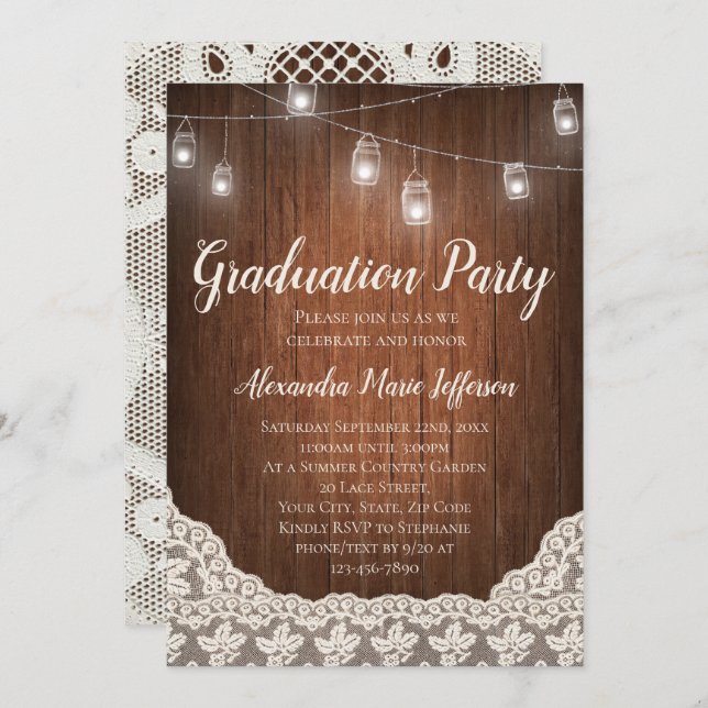 Vintage String Lights Mason Jar Graduation Party Invitation (Front/Back)