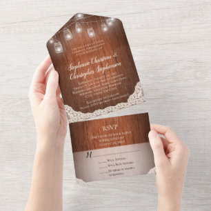 Vintage String Lights Mason Jar Lace Wood Wedding All In One Invitation
