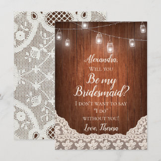 Vintage String Lights Mason Jar Lace Wood Wedding Invitation