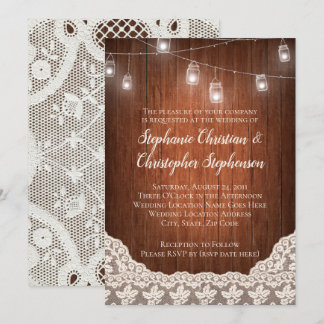 Vintage String Lights Mason Jar Lace Wood Wedding Invitation