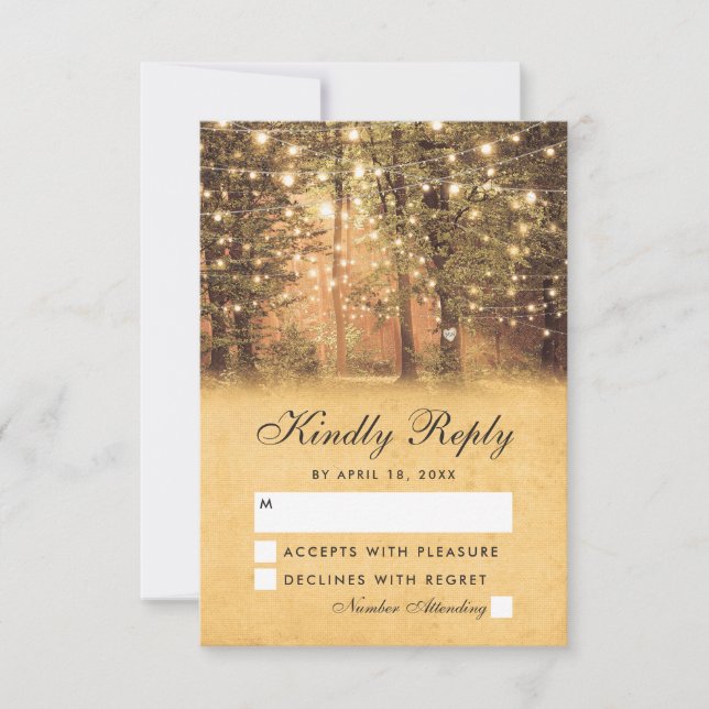 Vintage String Lights Rustic Tree Wedding RSVP (Front)