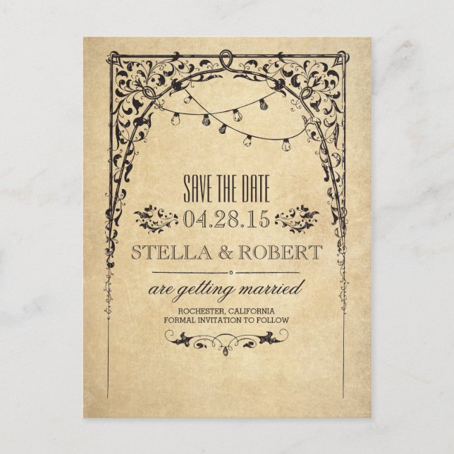 Vintage string lights save the date announcement postcard (Front)