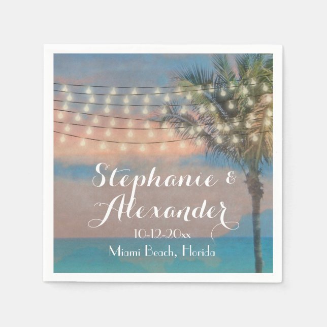 Vintage String Lights Sunset Beach Wedding Napkin (Front)