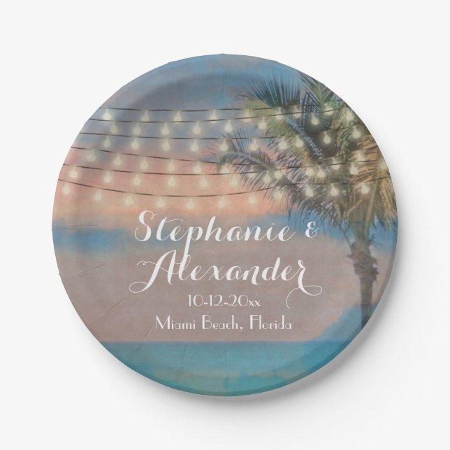Vintage String Lights Sunset Beach Wedding Paper Plate (Front)