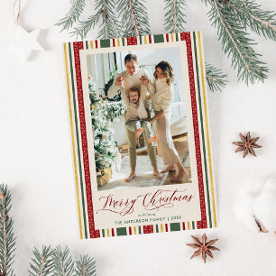 Vintage Stripe Red Green Bow Merry Christmas Photo Holiday Card