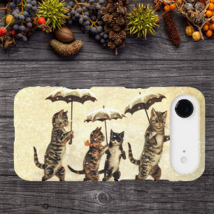 Vintage Striped Cats Umbrellas Dancing Snow