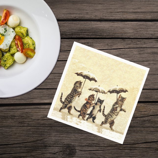 Vintage Striped Cats Umbrellas Dancing Snow Napkin (Group cats kittens walking upright with umbrellas in the snow on yellow napkins.)