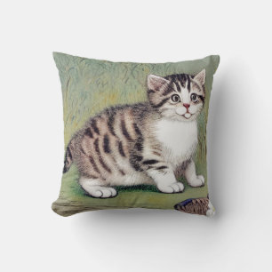 Vintage Striped Kitten Illustration Cushion
