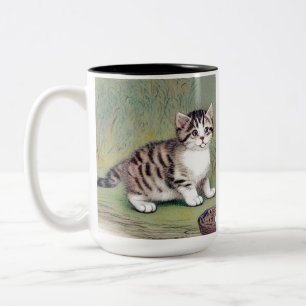 Vintage Striped Kitten Illustration Two-Tone Coffee Mug