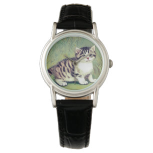 Vintage Striped Kitten Illustration Watch