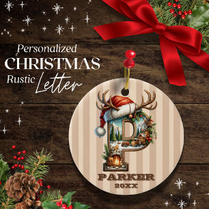 Vintage Striped Letter P with Festive Cabin Scene Ceramic Ornament