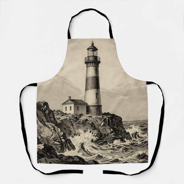 Vintage Striped Lighthouse Stormy Coast  Apron (Front)