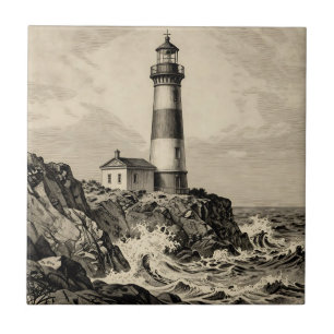 Vintage Striped Lighthouse Stormy Coast Ceramic Tile