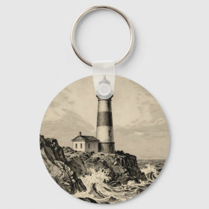 Vintage Striped Lighthouse Stormy Coast Key Ring