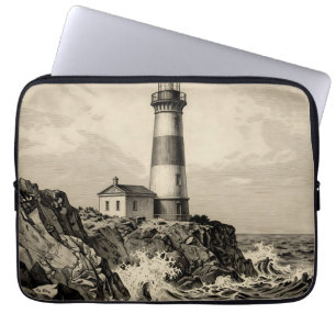 Vintage Striped Lighthouse Stormy Coast Laptop Sleeve