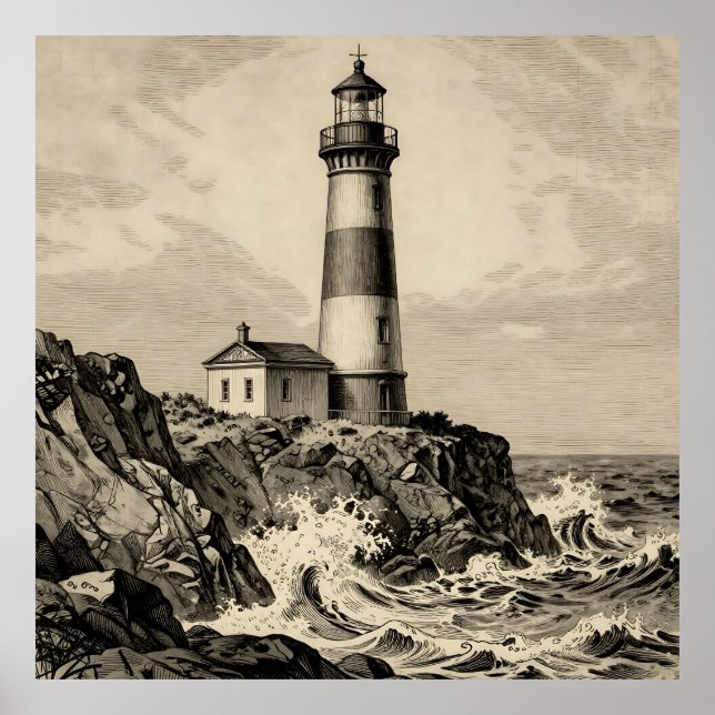 Vintage Striped Lighthouse Stormy Coast  Poster (Front)