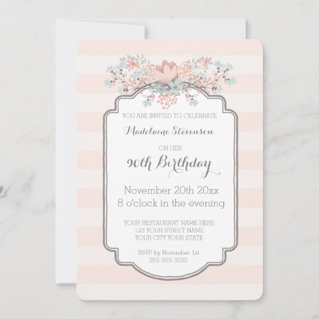 Vintage Stripes 90th Birthday Party Invitations (Back)