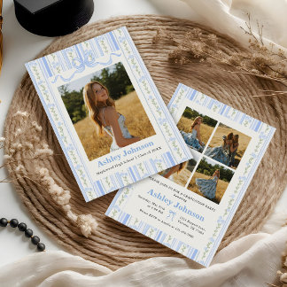 Vintage Stripes Blue Bow Graduation Photo Invitation