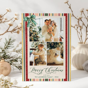 Vintage Stripes Bow Modern Merry Christmas 3 Photo Holiday Card
