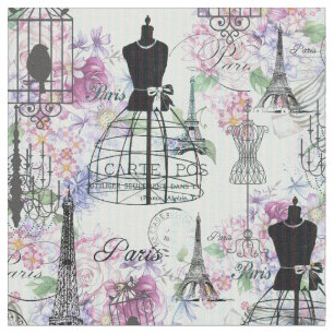 Vintage stripes Eiffel Tower collage pink floral Fabric