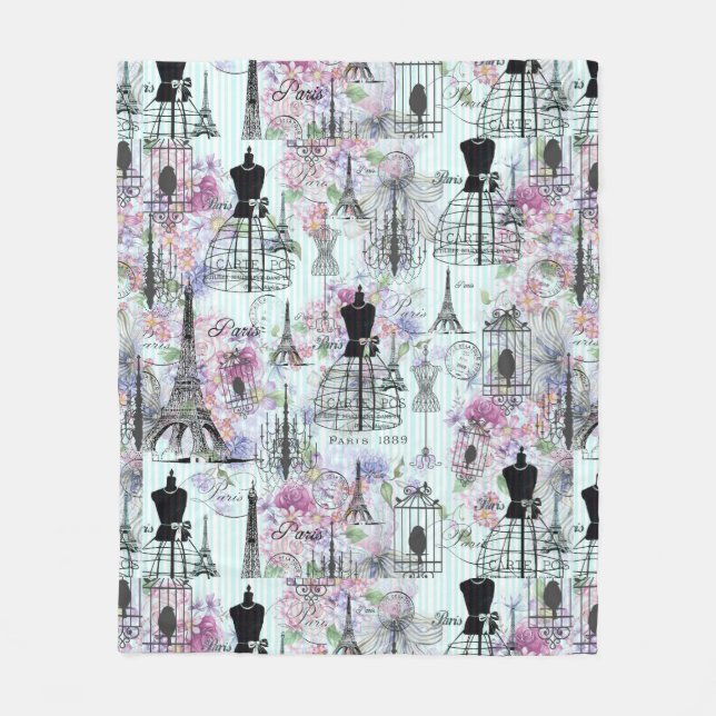 Vintage stripes Eiffel Tower collage pink floral Fleece Blanket (Front)