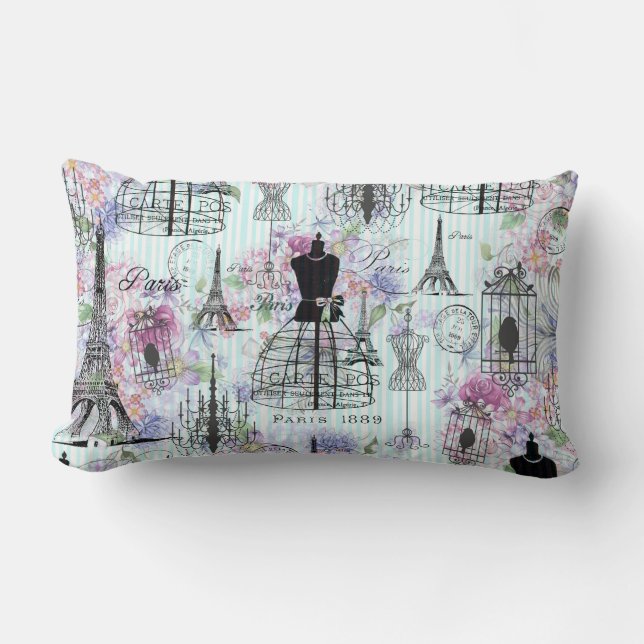 Vintage stripes Eiffel Tower collage pink floral Lumbar Cushion (Front)