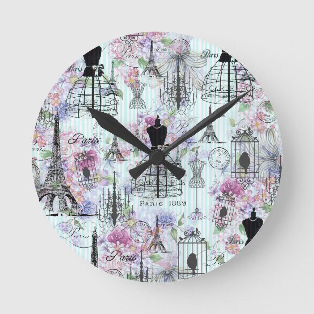 Vintage stripes Eiffel Tower collage pink floral Round Clock (Front)