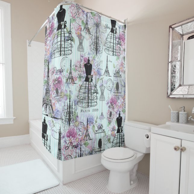 Vintage stripes Eiffel Tower collage pink floral Shower Curtain (In Situ)