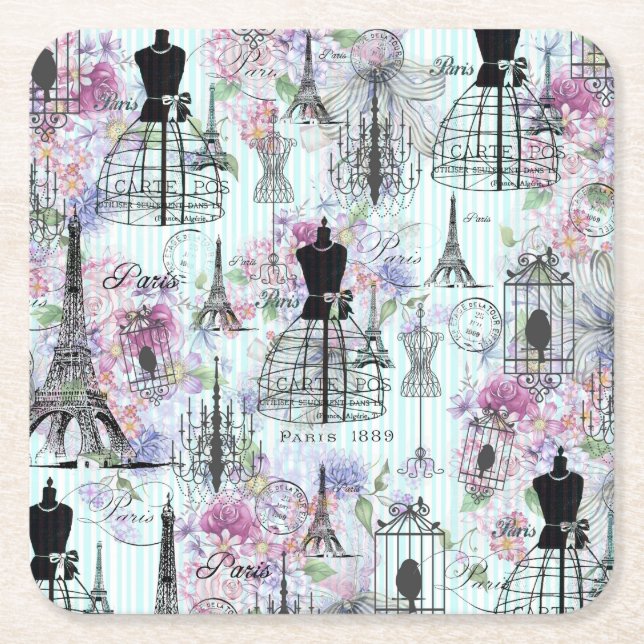 Vintage stripes Eiffel Tower collage pink floral Square Paper Coaster (Front)