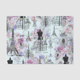 Vintage stripes Eiffel Tower collage pink floral Tissue Paper