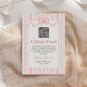 Vintage Stripes Pink Bow College Fund QR Code Enclosure Card