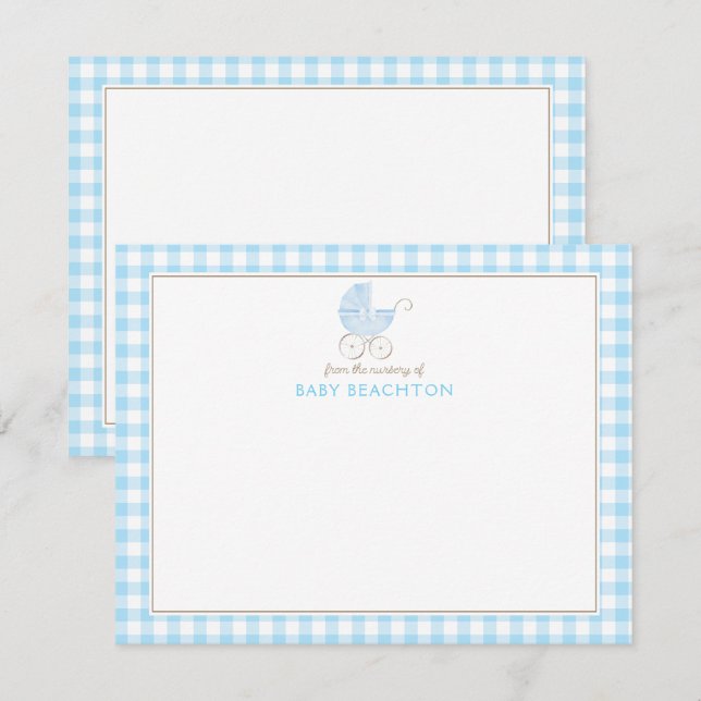Vintage Stroller Blue Gingham Baby Boy Note Cards (Front/Back)