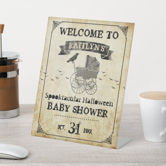 Vintage Stroller Halloween Baby Shower Welcome Pedestal Sign (In SItu)