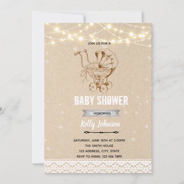 Vintage stroller shower birthday invitation (Front)