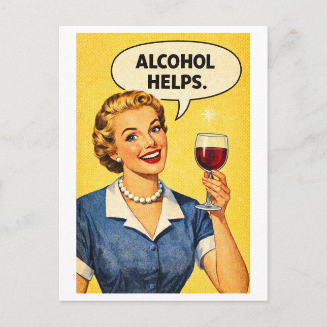 Vintage-Style 1950s "Alcohol Helps" Housewife Postcard (Front)