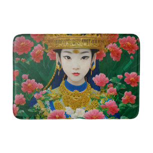 Vintage Style Abstract Asian Girl with Flowers Bath Mat