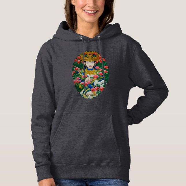 Vintage Style Abstract Asian Girl with Flowers Hoodie (Front)