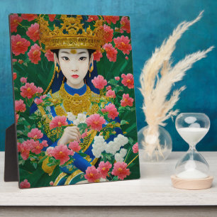 Vintage Style Abstract Asian Girl with Flowers Plaque