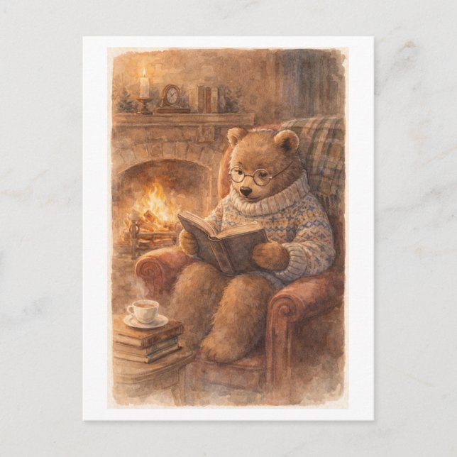 Vintage-Style Bear Reading by the Fireside Postcard (Front)