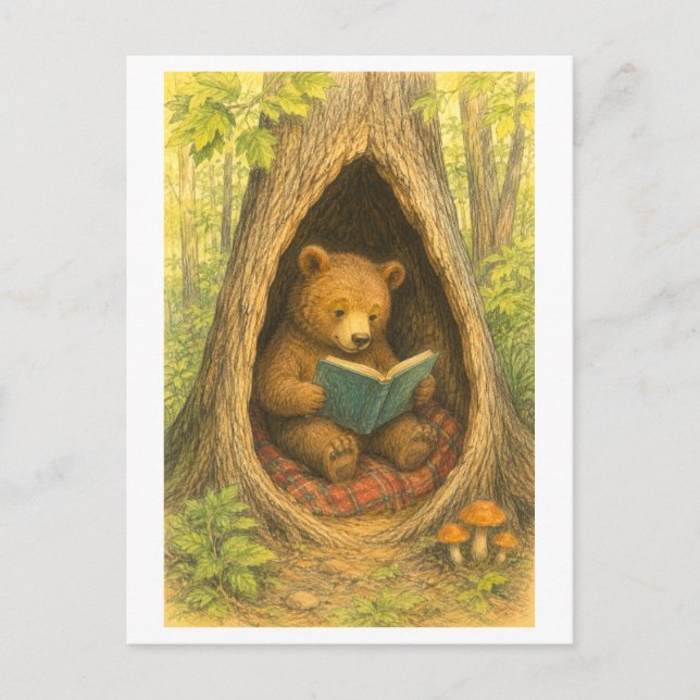 Vintage-Style Bear Reading in a Tree Postcard (Front)
