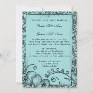 Vintage style black and blue floral wedding invitation