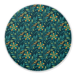 Vintage-style blue color botanical pattern cerami ceramic knob