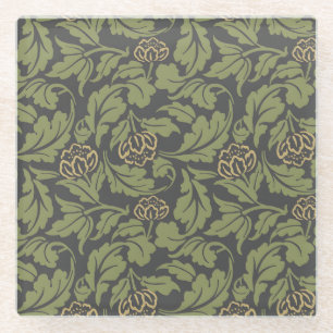 Vintage-style blue color botanical pattern  glass coaster