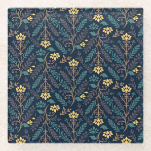 Vintage-style blue color botanical pattern  glass coaster