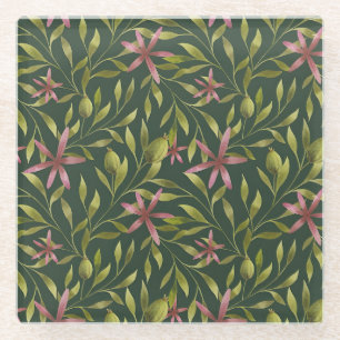 Vintage-style blue color botanical pattern  glass coaster