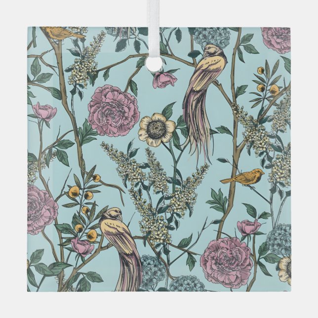 Vintage-style blue color botanical pattern  glass tree decoration (Front)