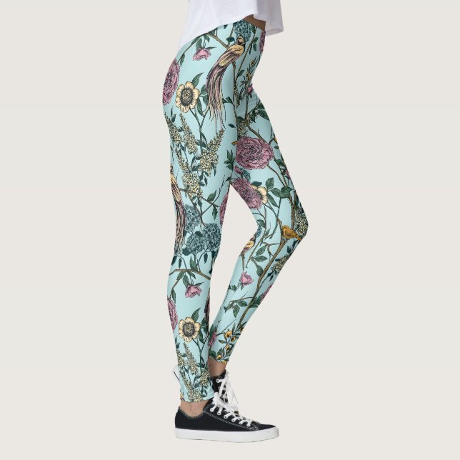 Vintage-style blue color botanical pattern  leggings (Right)