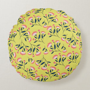 Vintage-style blue color botanical pattern round cushion