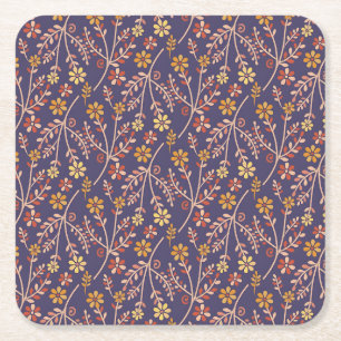 Vintage-style blue color botanical pattern  square paper coaster